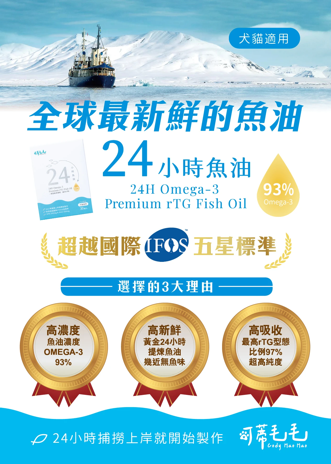 可蒂毛毛 24小時Omega-3 犬貓通用魚油 0.7G/30入