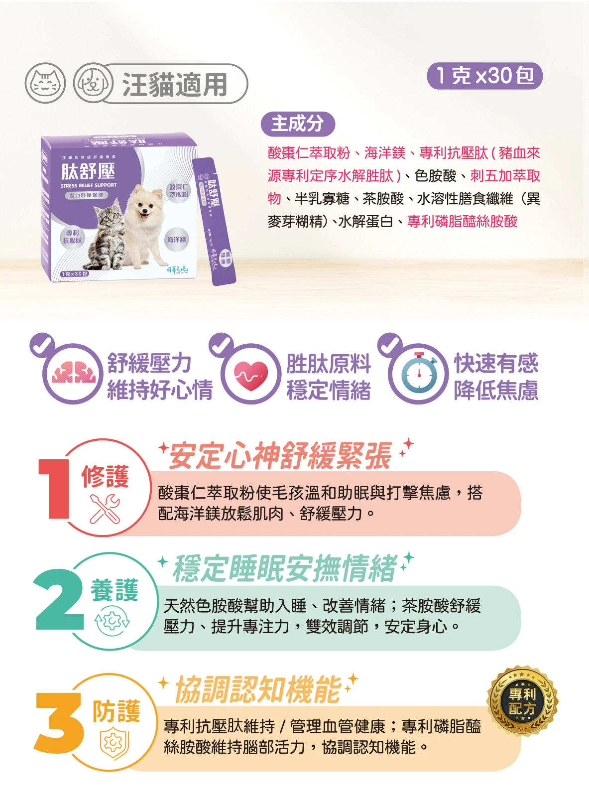 可蒂毛毛 肽舒壓-犬貓通用 1G/30入