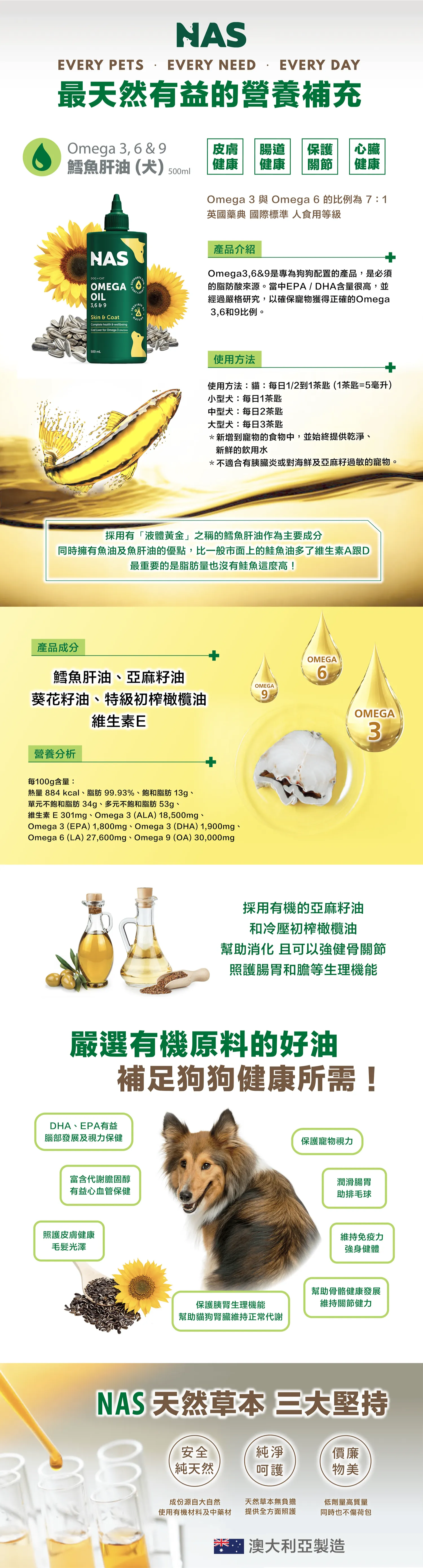 【NAS天然草本】Omega 3, 6 & 9鱈魚肝油 (犬／貓)