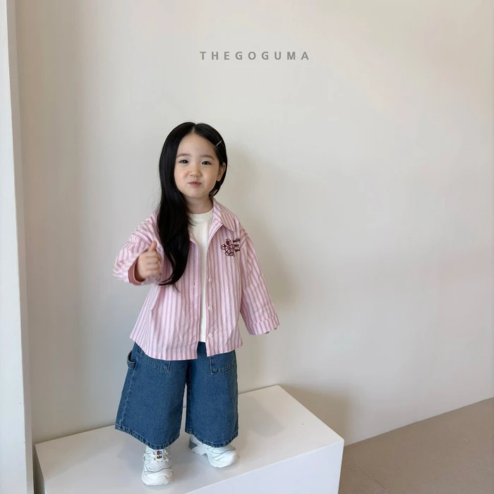THEGOGUMA|美式小熊刺繡細條紋長袖襯衫