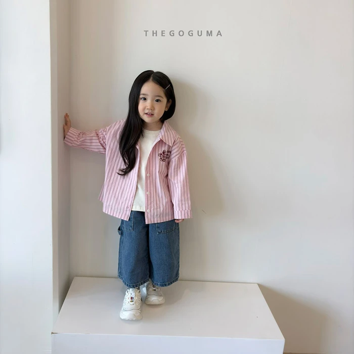 THEGOGUMA|美式小熊刺繡細條紋長袖襯衫