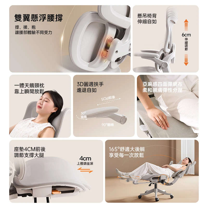 X01 PRO人體工學椅｜雙翼腰背支撐＋165°躺靠調節，久坐更舒適