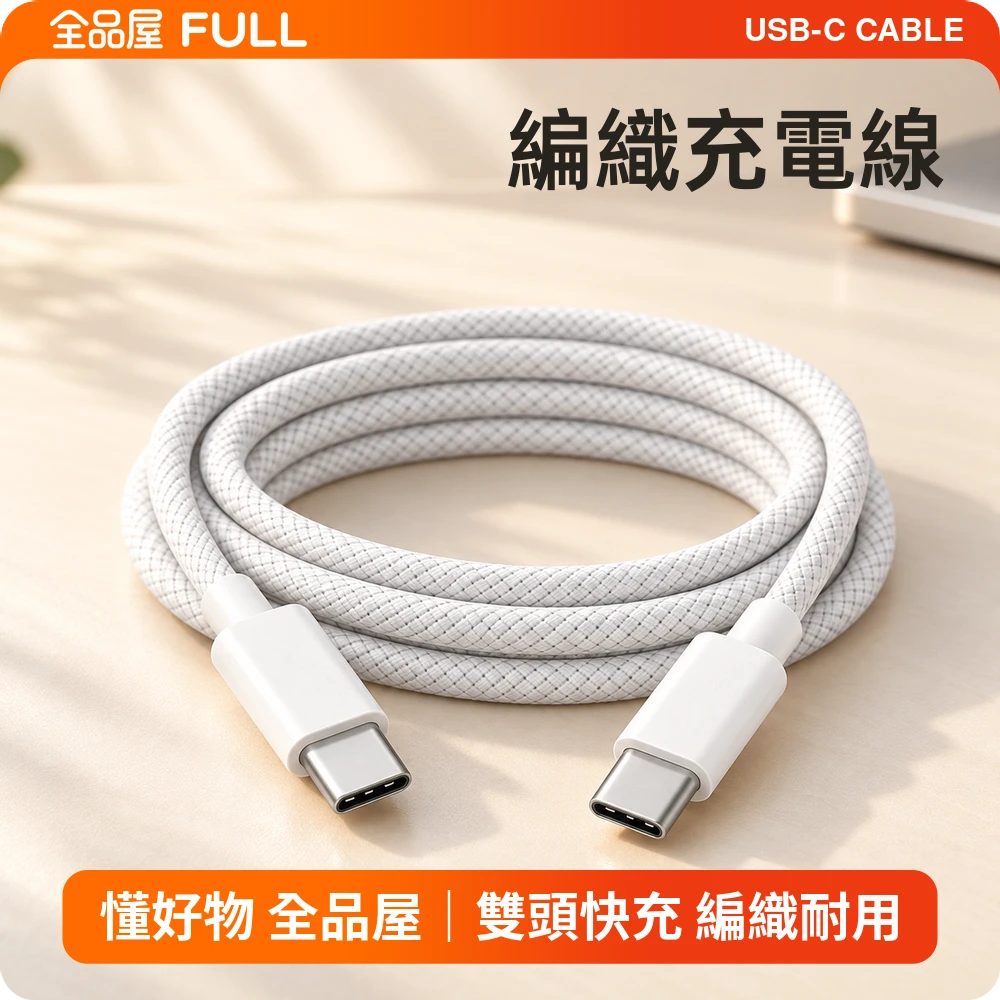 編織充電線｜最高60W PD快充+雙Type-C接頭，柔韌線身耐磨好整理