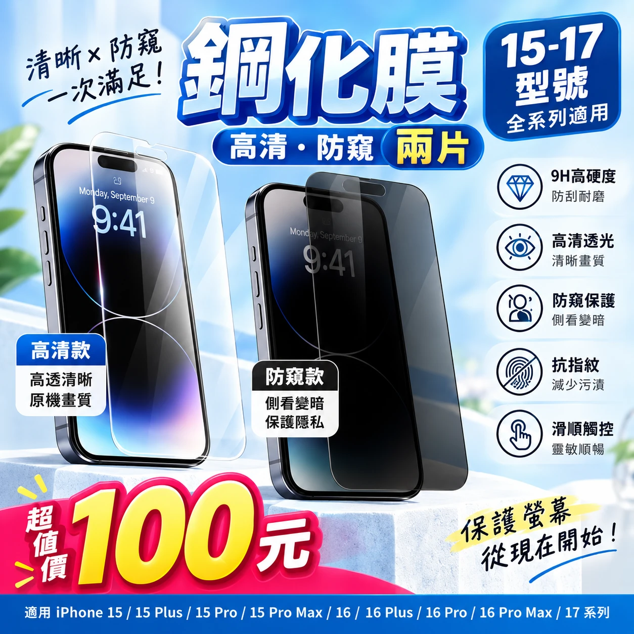 高清・防窺鋼化膜(兩片，只要100元)