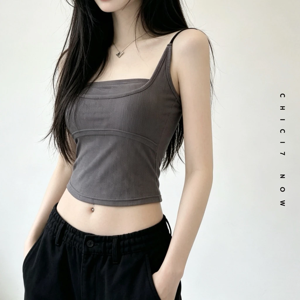 現貨｜A34 -顯胸彈性假兩件小可愛 (有胸墊)