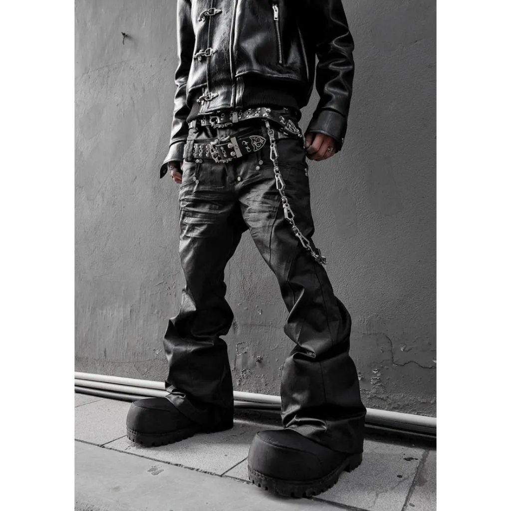 RICH Double Waist Flare Waxed Pants