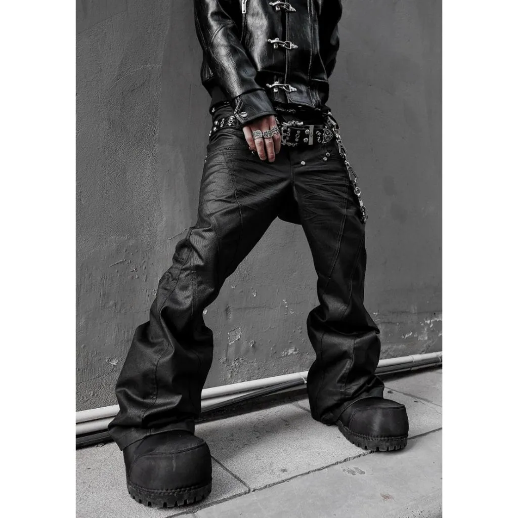 RICH Double Waist Flare Waxed Pants