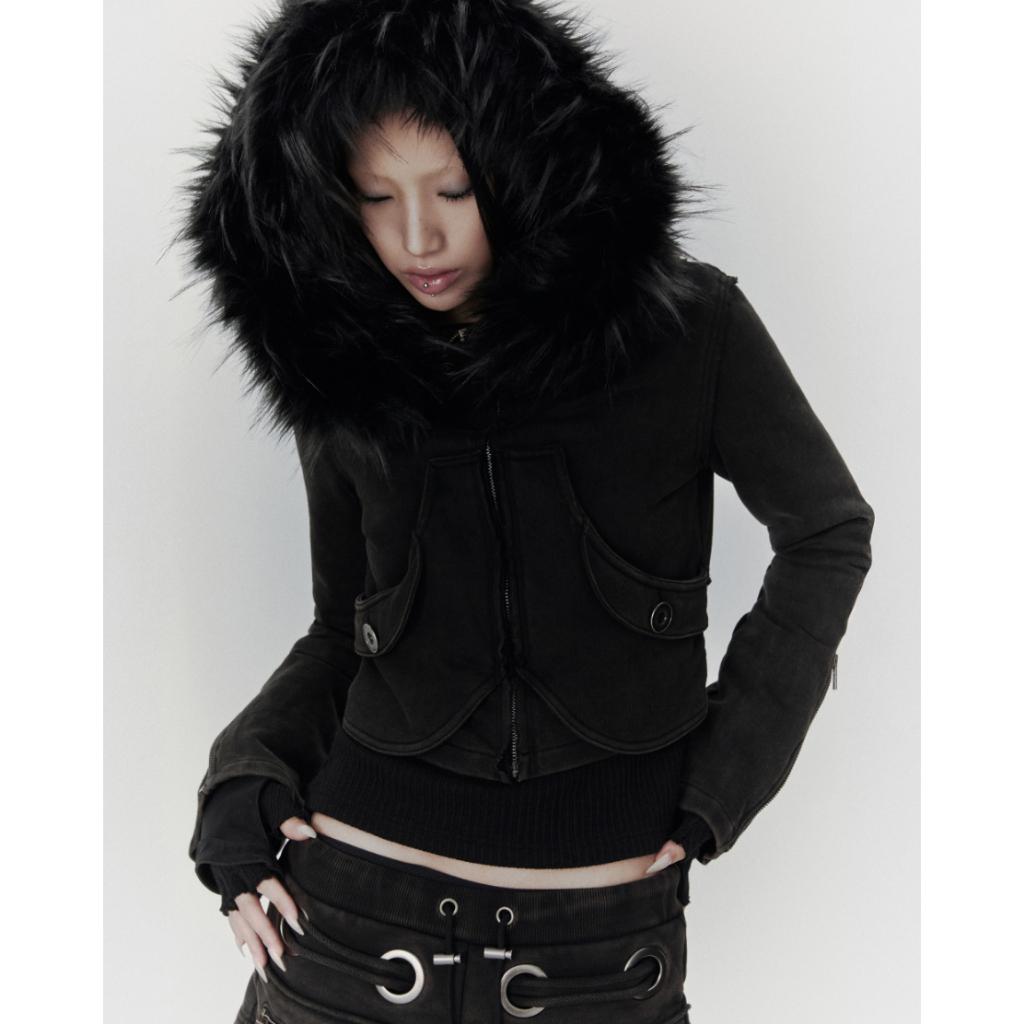 bonienkiye Distressed Seam Fur Hood Zip-Up