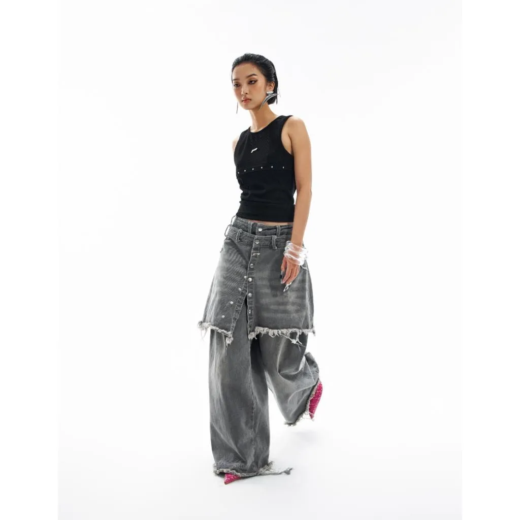THE PRSN P Washed Denim Skirt Layered Jeans