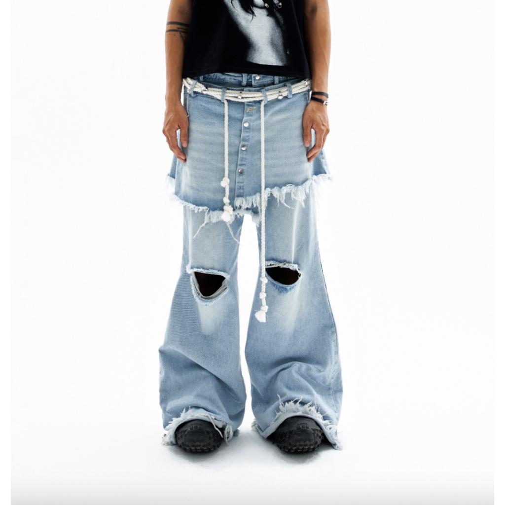 THE PRSN  P Washed Denim Skirt Layered Jeans