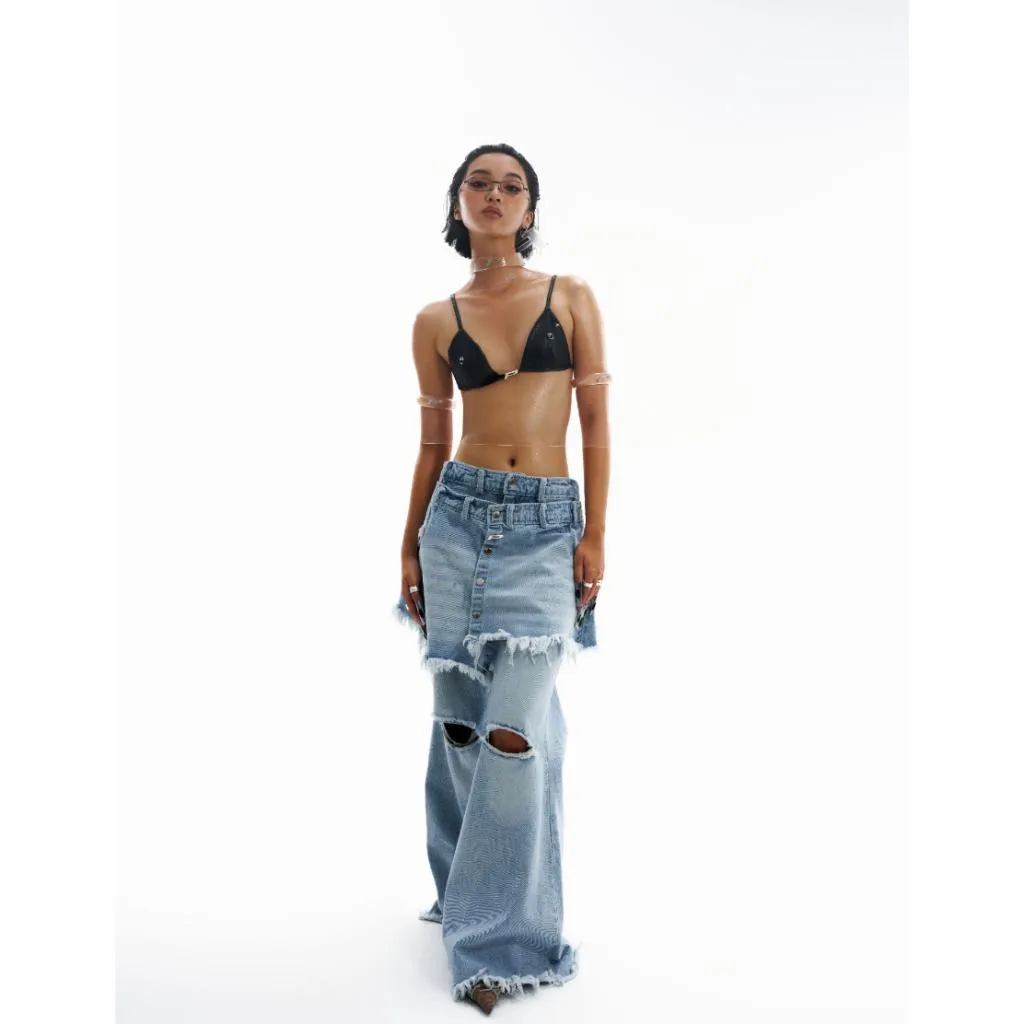 THE PRSN  P Washed Denim Skirt Layered Jeans