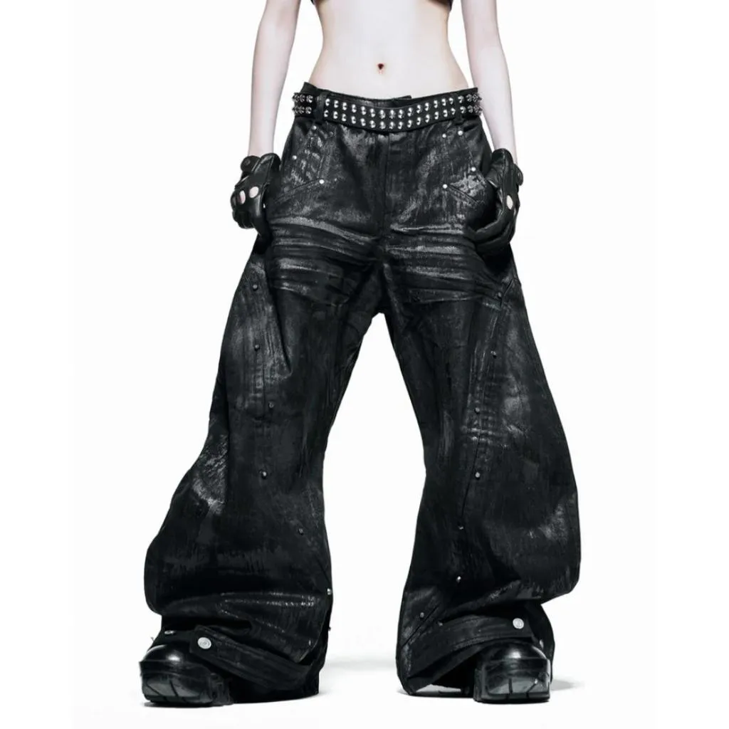 RICH Black Waxed S-Wide Pants