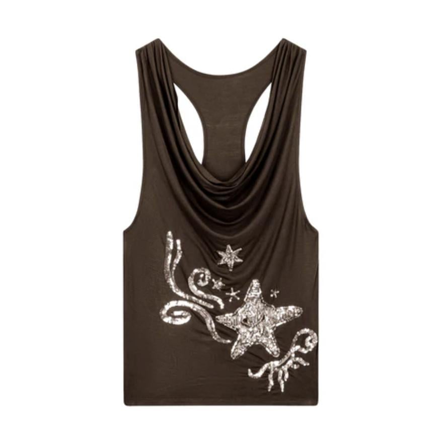 LUSIVE DRAPED SEQUIN‑STAR TANK