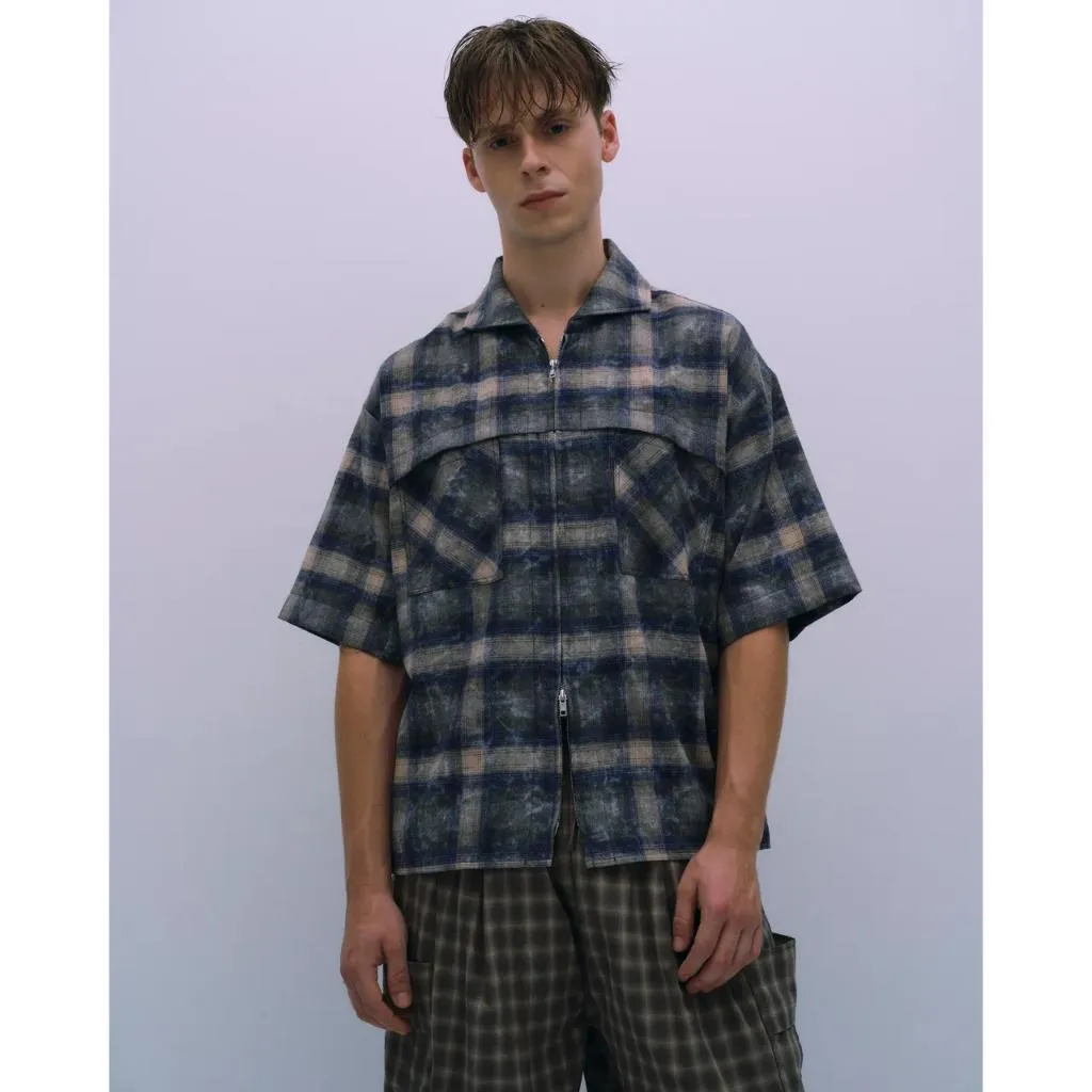 ASTER Sailor Collar Plaid Zip Shirt