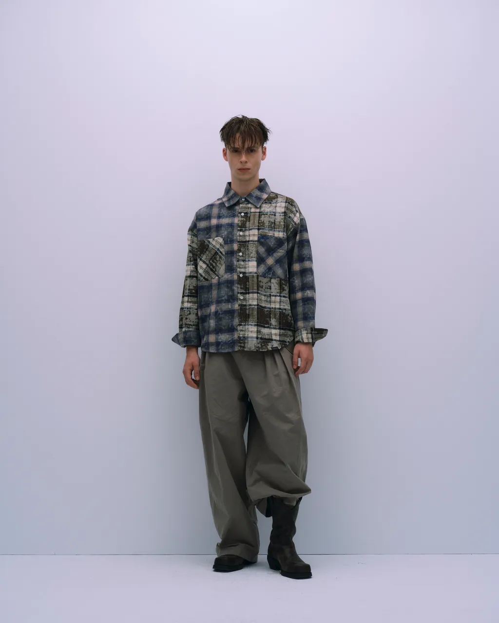 ASTER  Panelled Plaid Washed Shirt