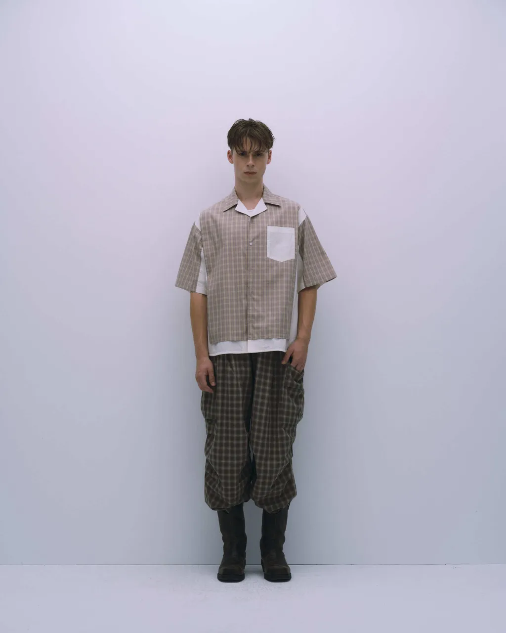 ASTER Patchwork Plaid Open collar shirt