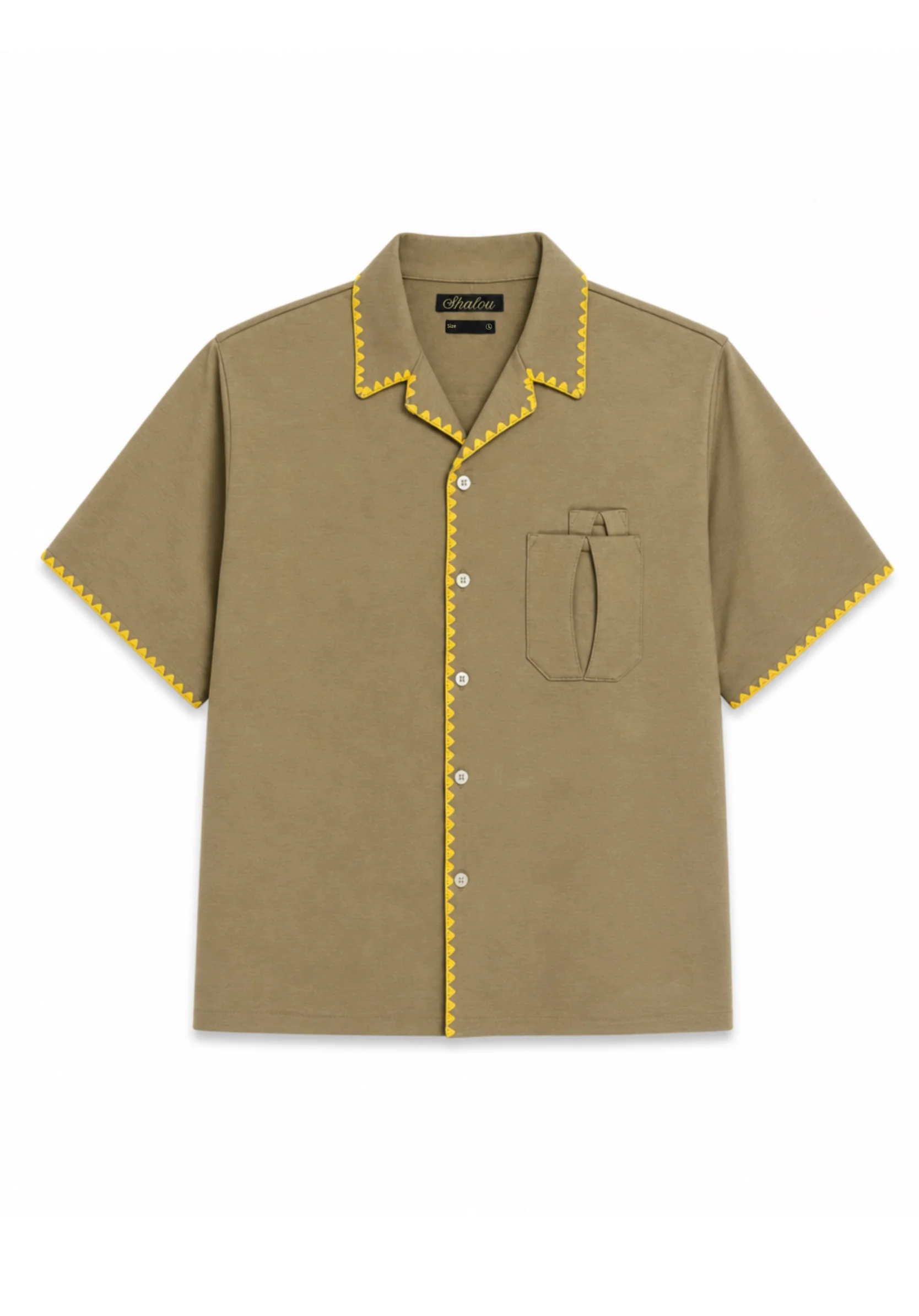 SHALOU Green Blanket Stitch Camp Shirt