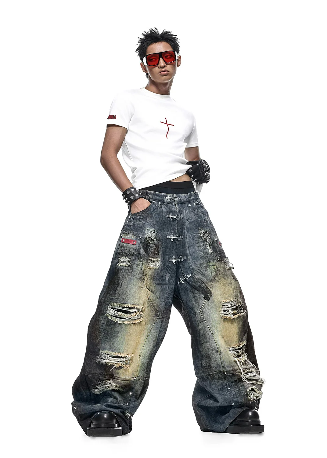 RICH Dust Wax Ripped Wide Pants