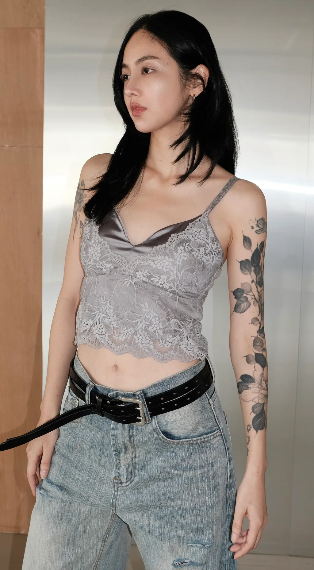 JINRONG 蕾絲雙層緞面細肩 BRA TOP