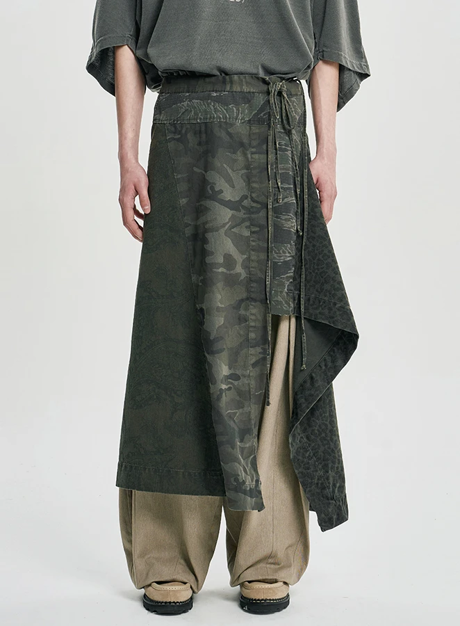 AJOBYAJO Washed Mixed Pattern Wrap Skirt