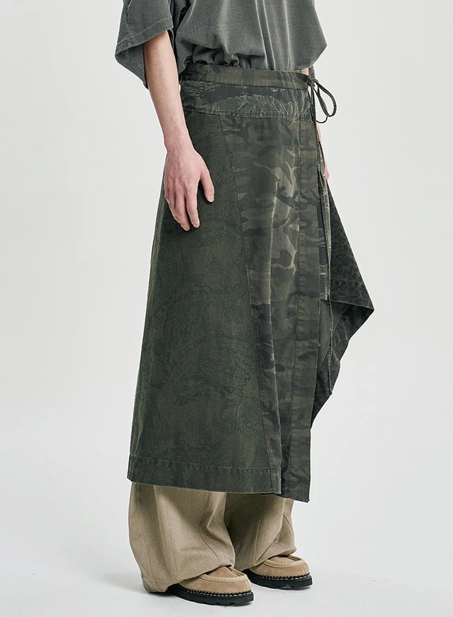 AJOBYAJO Washed Mixed Pattern Wrap Skirt