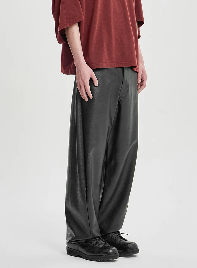 AJOBYAJO Faux Leather Curved Pants