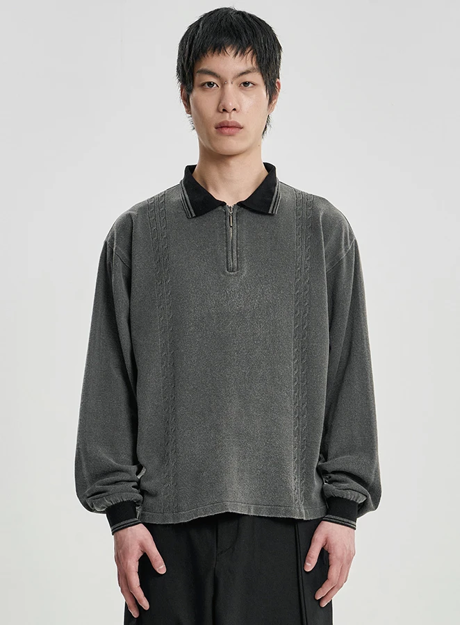 AJOBYAJO [RWK] Washed Cable Stitch Collar Zip-Up