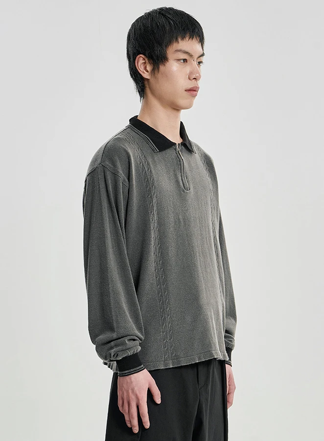 AJOBYAJO [RWK] Washed Cable Stitch Collar Zip-Up