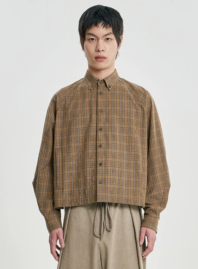 AJOBYAJO Cropped Sculpted Raglan Check Shirt