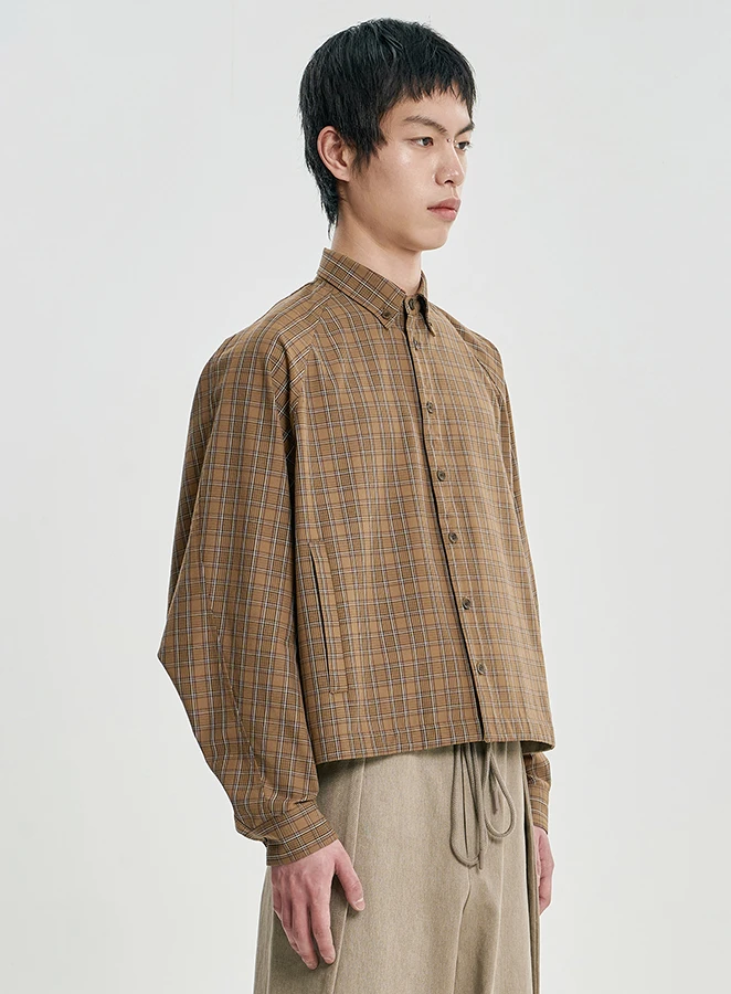AJOBYAJO Cropped Sculpted Raglan Check Shirt