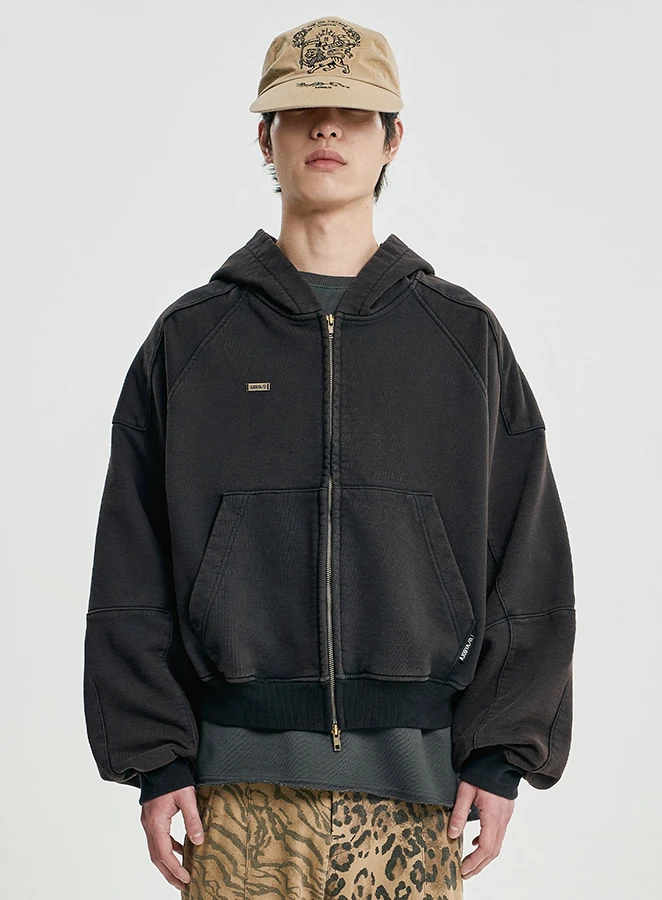 AJOBYAJO Cropped Washed Zip-Up Hoodie