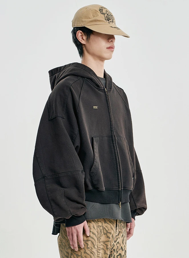 AJOBYAJO Cropped Washed Zip-Up Hoodie