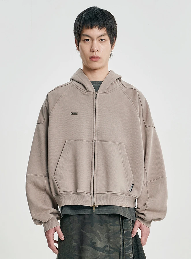 AJOBYAJO Cropped Washed Zip-Up Hoodie