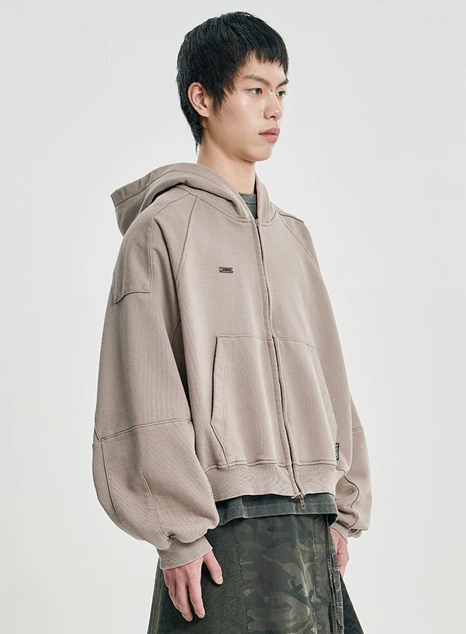 AJOBYAJO Cropped Washed Zip-Up Hoodie