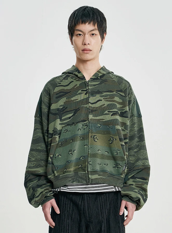 AJOBYAJO Cropped Mixed Camo Zip-Up Hoodie