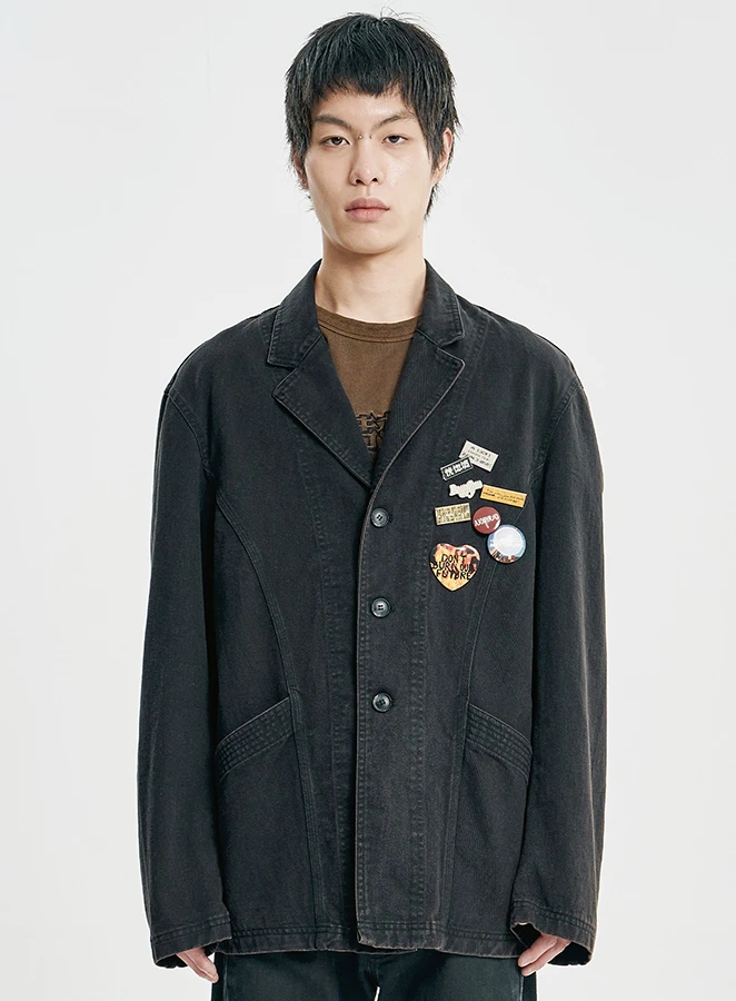 AJOBYAJO Washed Curved Seam Cotton Blazer