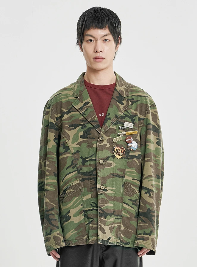 AJOBYAJO Washed Curved Seam Camo Blazer