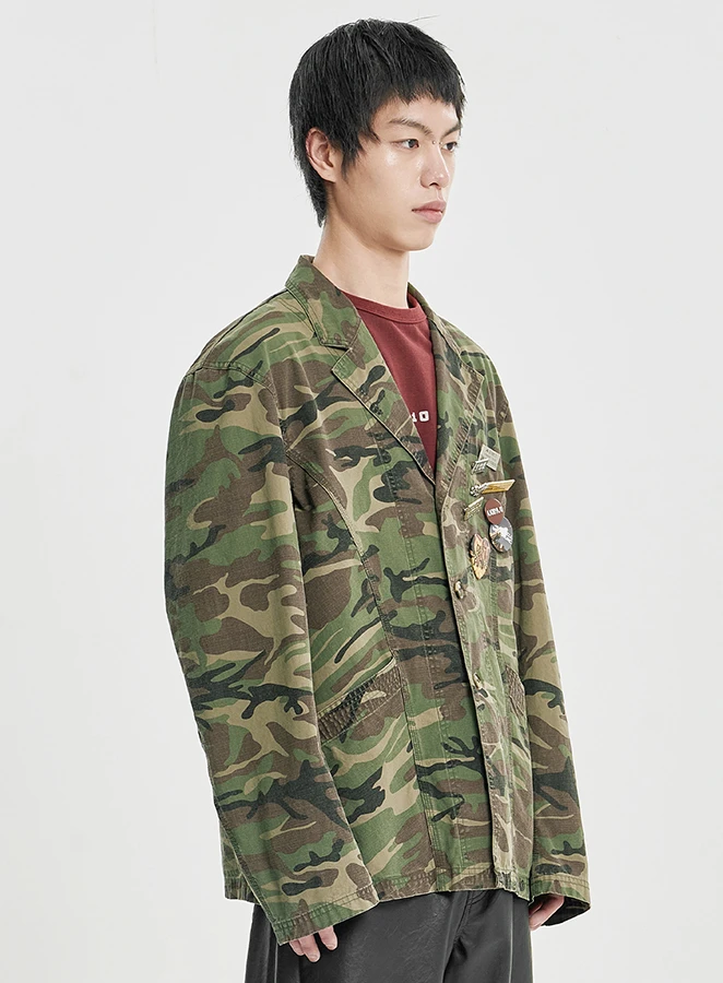 AJOBYAJO Washed Curved Seam Camo Blazer