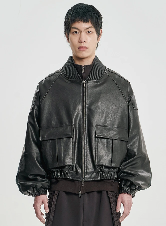 AJOBYAJO Faux Leather Ribbed Collar Blouson