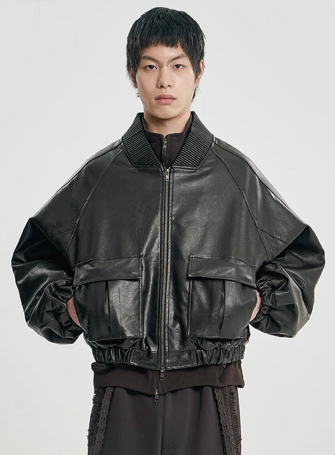AJOBYAJO Faux Leather Ribbed Collar Blouson