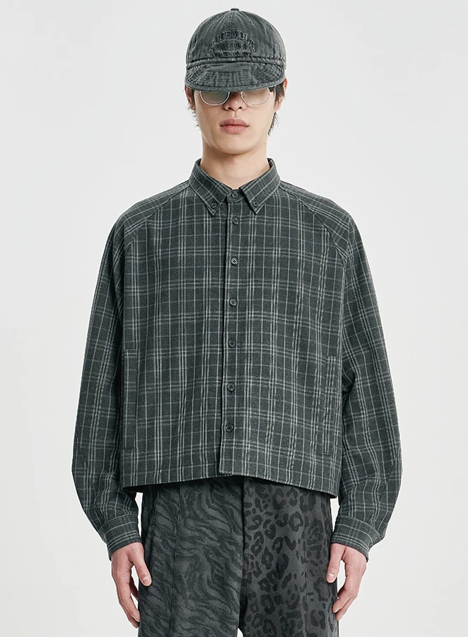 AJOBYAJO Cropped Sculpted Raglan Check Shirt