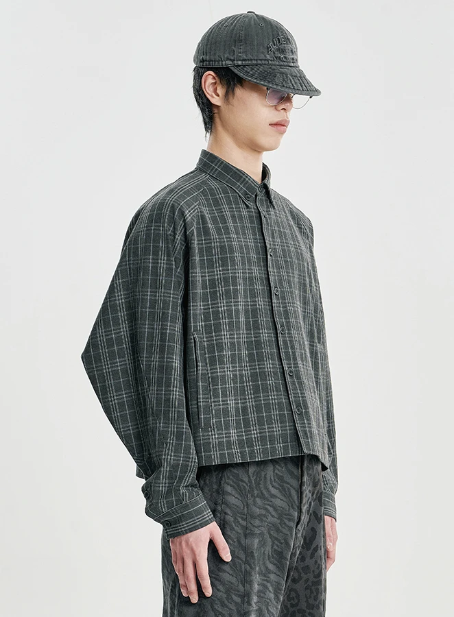 AJOBYAJO Cropped Sculpted Raglan Check Shirt