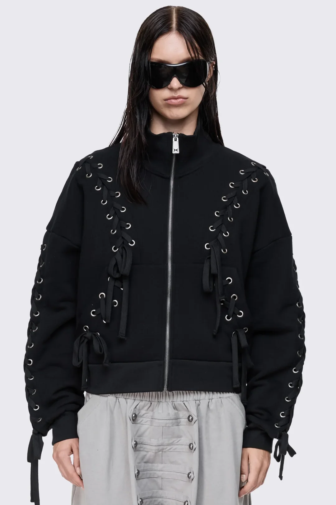 MINGA LONDON Mia Black Lace Up Funnel Zip Up Sweat