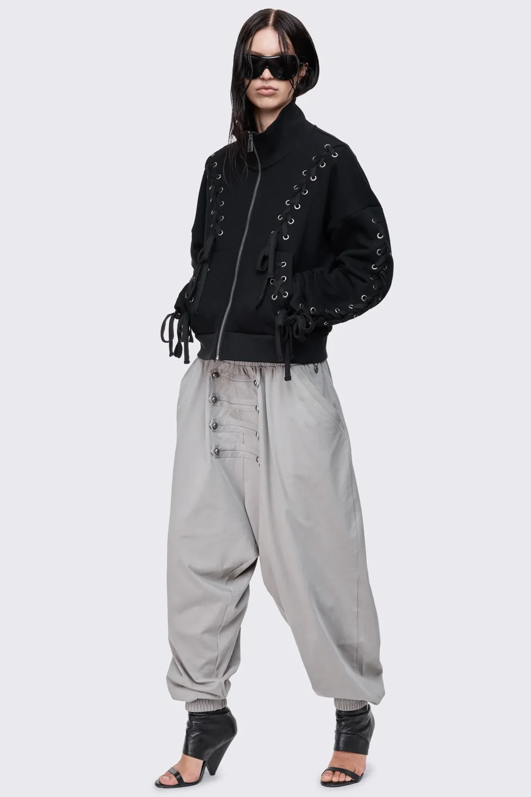 MINGA LONDON Mia Black Lace Up Funnel Zip Up Sweat