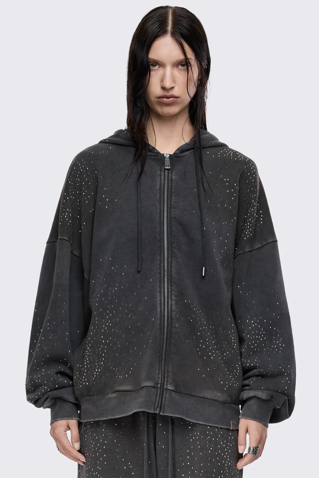 MINGA LONDON Gleam Mud Wash Rhinestone Zip Up Hoodie