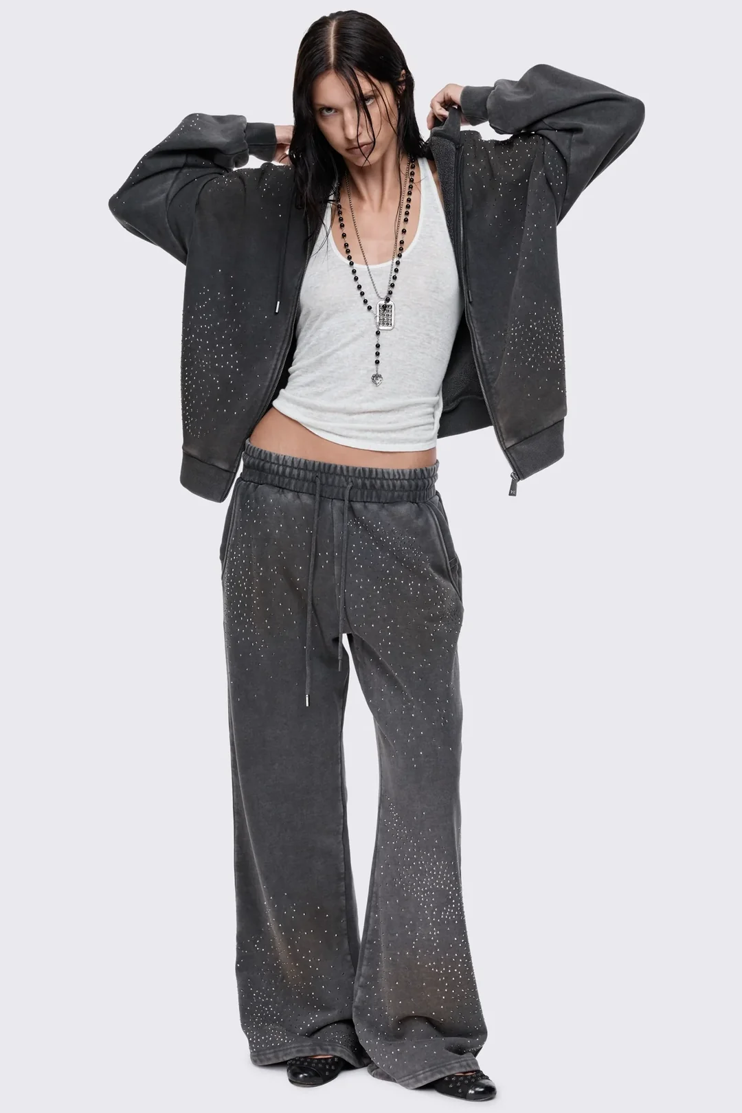 MINGA LONDON Gleam Mud Wash Rhinestone Zip Up Hoodie