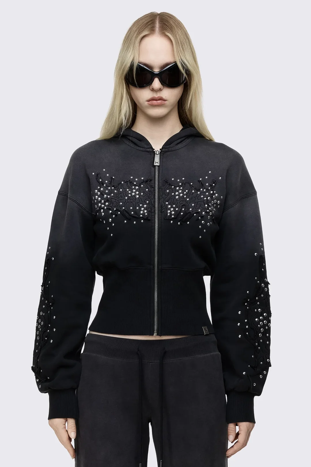 MINGA LONDON Breathe Black Sigil Studded Patch Zip Up Hoodie