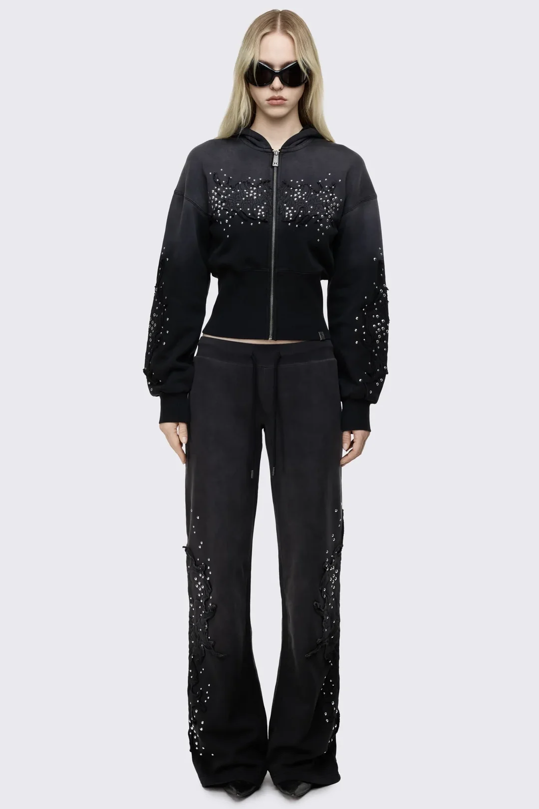 MINGA LONDON Breathe Black Sigil Studded Patch Zip Up Hoodie