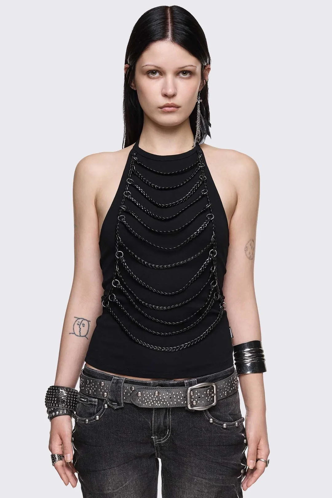 MINGA LONDON Unravel Black Layered Chain Halter Top