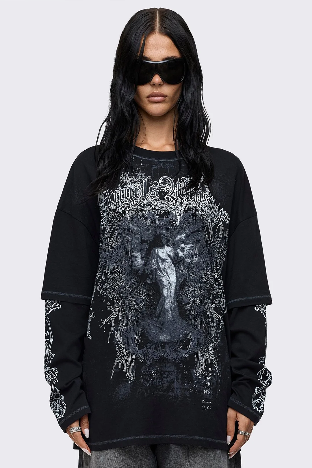 MINGA LONDON Angels Whisper Black Graphic Layered T-Shirt